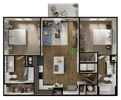 Floor plan for 2 beds, 2 baths, 950 sqft